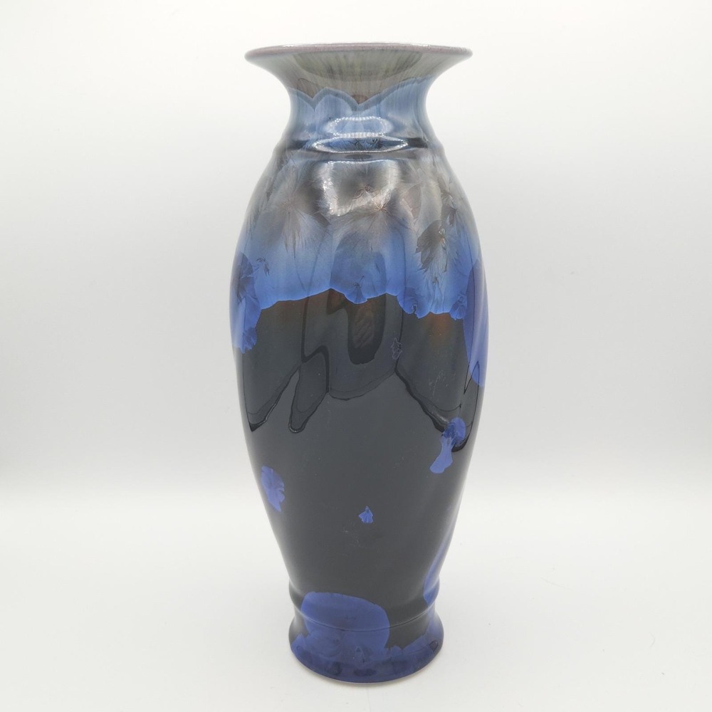 Bill Campbell Signed Studio Art Pottery Crystalline Vase, Blue & Black 11" tall